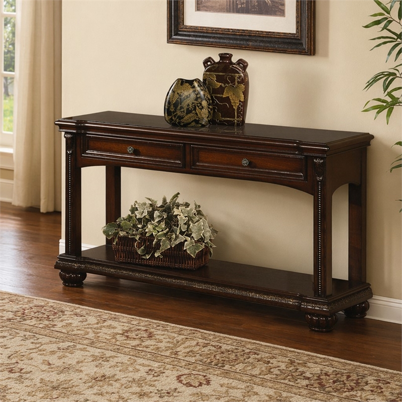 Bowery Hill Wooden Sofa Table with Bottom Shelf and Cherry Finish