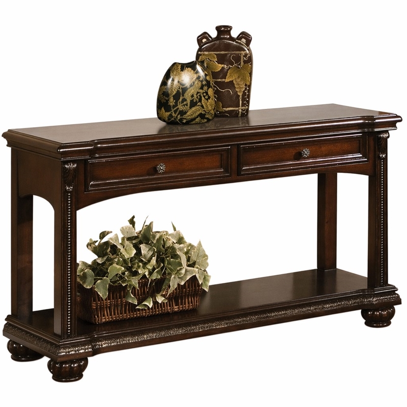 Bowery Hill Wooden Sofa Table with Bottom Shelf and Cherry Finish