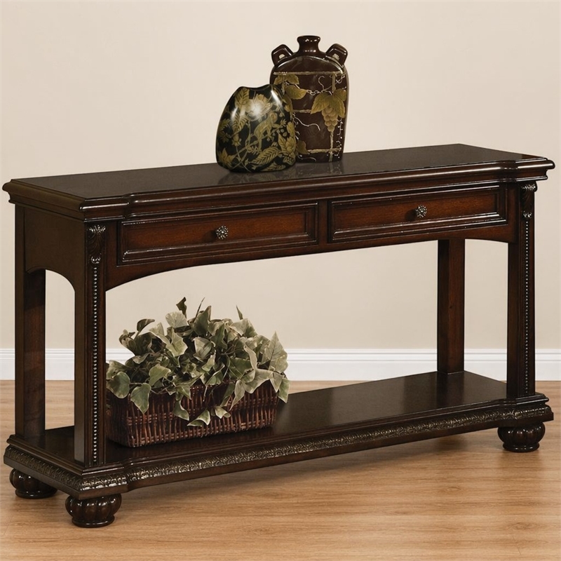 Bowery Hill Wooden Sofa Table with Bottom Shelf and Cherry Finish