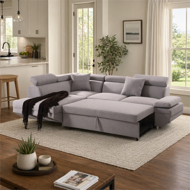 Bowery Hill Jemima Sleeper Sectional Sofa in Gray Fabric