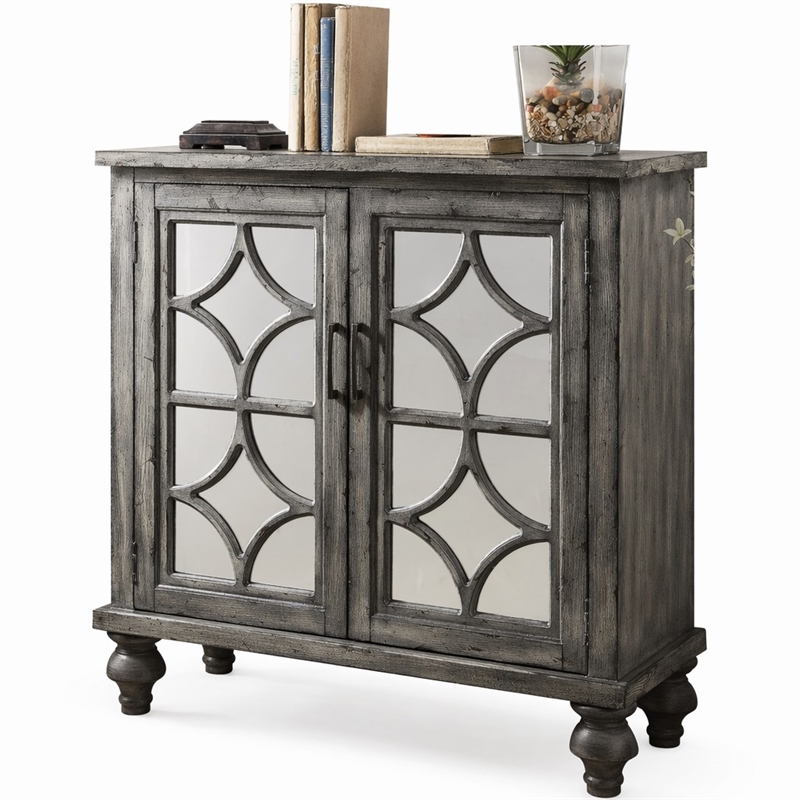 Bowery Hill 2-Door Wooden Console Table in Weathered Gray with Mirrored Doors