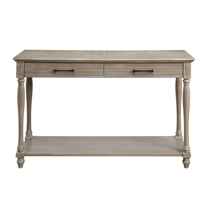 Bowery Hill Weathered Oak Wooden Sofa Table with 2 Drawers and Open Shelf
