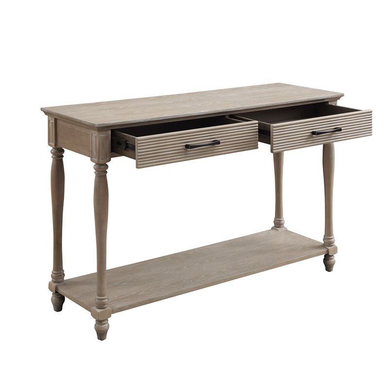 Bowery Hill Weathered Oak Wooden Sofa Table with 2 Drawers and Open Shelf
