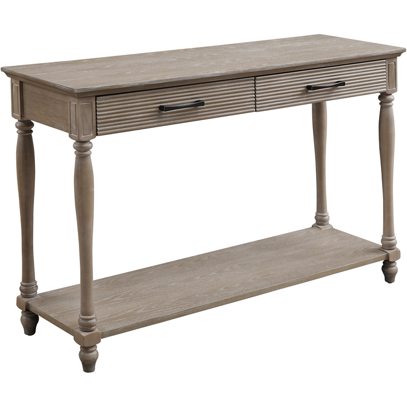 Bowery Hill Weathered Oak Wooden Sofa Table with 2 Drawers and Open Shelf