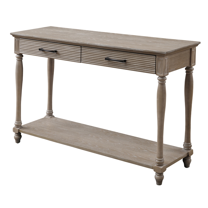 Bowery Hill Weathered Oak Wooden Sofa Table with 2 Drawers and Open Shelf
