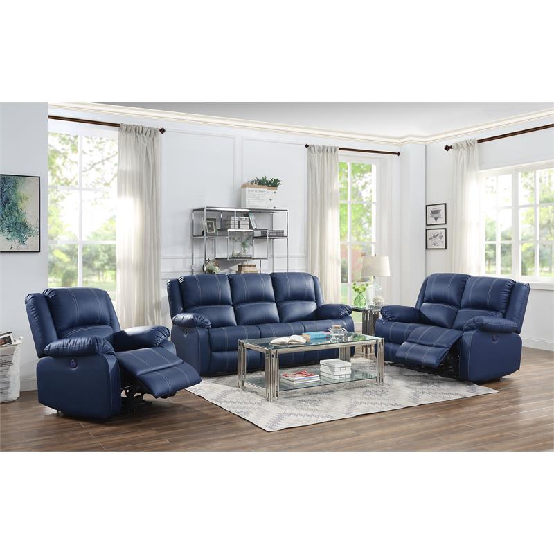 Bowery Hill Faux Leather Power Recliner with USB Port in Blue