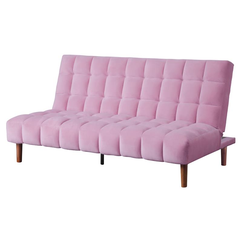 Bowery Hill Velvet Tufted Adjustable Sofa in Pink with Walnut Legs