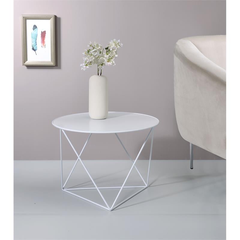 Bowery Hill Metal Accent Table with Round Top and Geometric Base in White