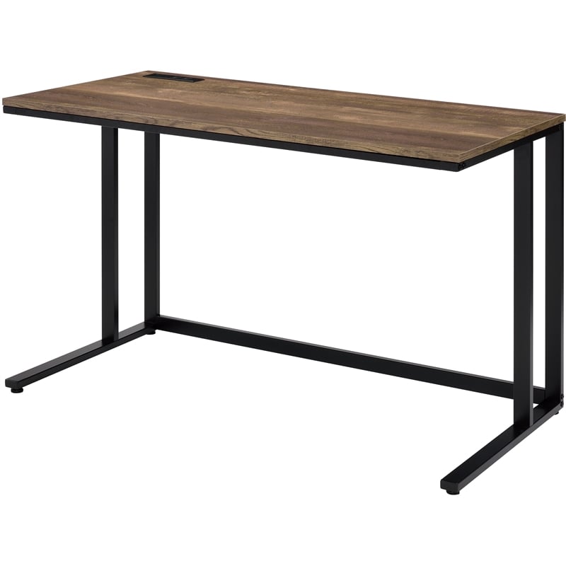 Bowery Hill Walnut and Black Metal Writing Desk with USB Port