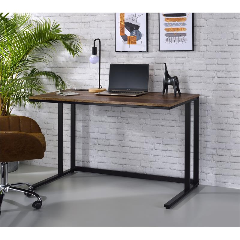 Bowery Hill Walnut and Black Metal Writing Desk with USB Port