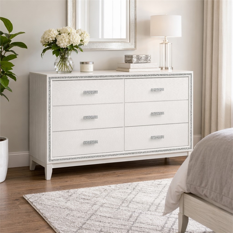 Bowery Hill Rectangular 6-Drawer Wooden Bedroom Dresser in White