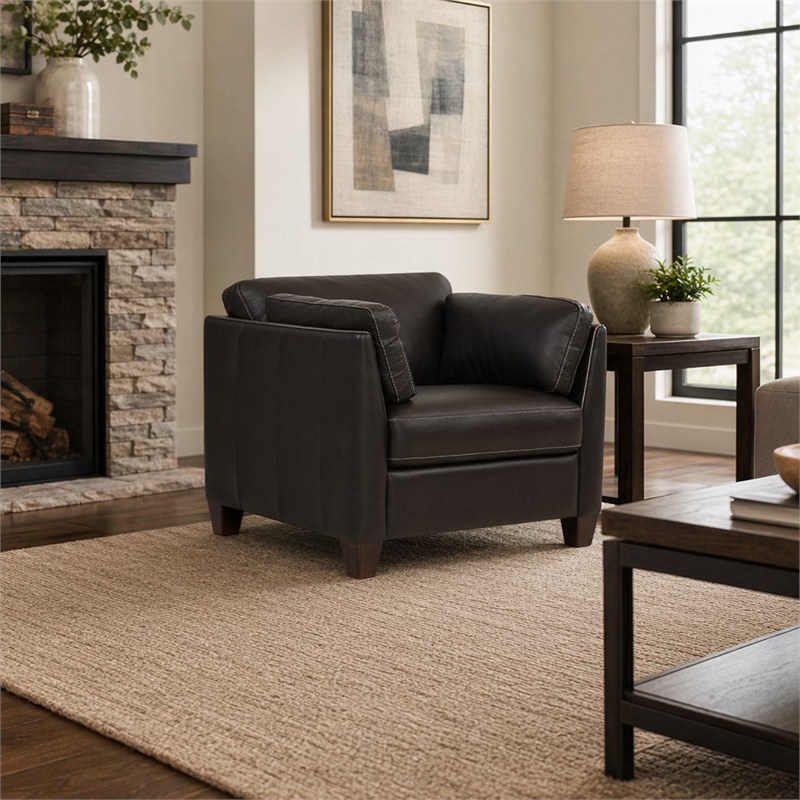 Bowery Hill Leather Accent Chair with Block Legs in Chocolate