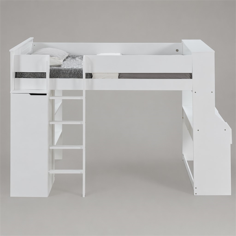 Bowery Hill Wooden Frame Loft Bed with Ladder in White Finish