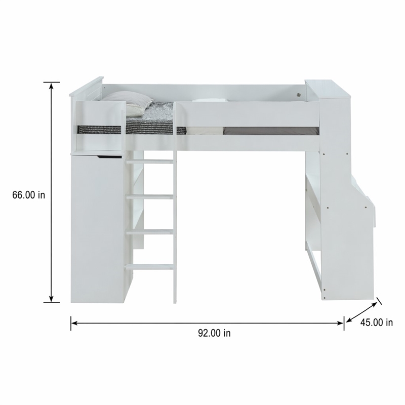 Bowery Hill Wooden Frame Loft Bed with Ladder in White Finish
