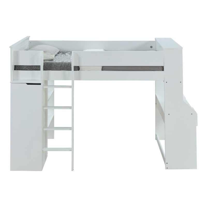 Bowery Hill Wooden Frame Loft Bed with Ladder in White Finish