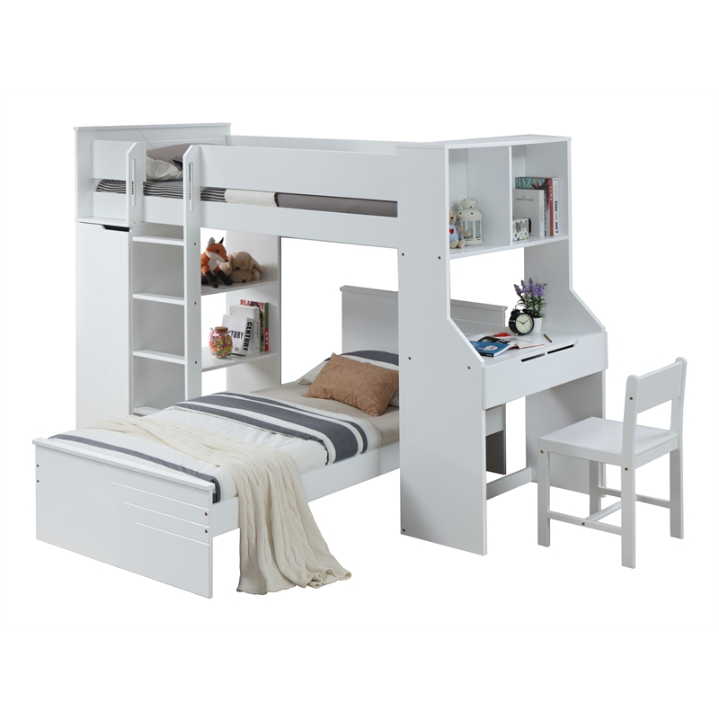 Bowery Hill Wooden Frame Loft Bed with Ladder in White Finish