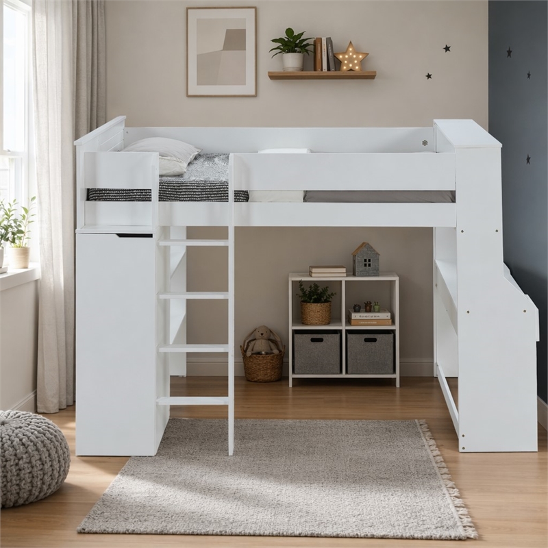 Bowery Hill Wooden Frame Loft Bed with Ladder in White Finish
