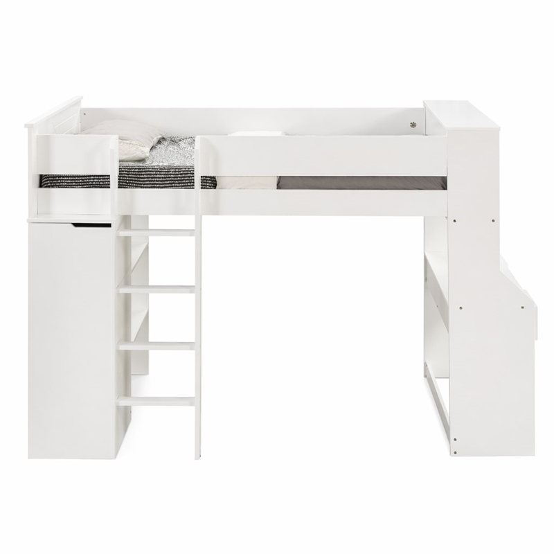 Bowery Hill Wooden Frame Loft Bed with Ladder in White Finish