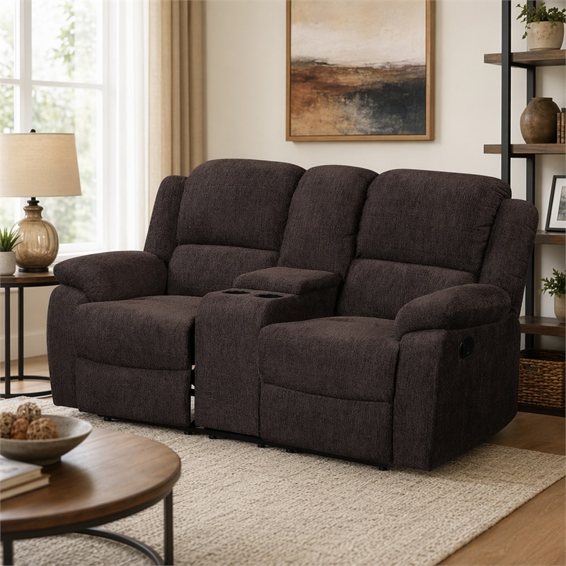 Bowery Hill Reclining Loveseat with Storage Console in Brown Chenille