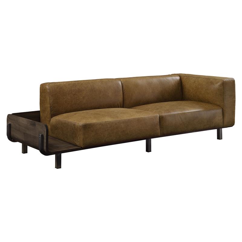 Bowery Hill Asymmetrical Sofa in Chestnut Top Grain Leather and Rustic Oak