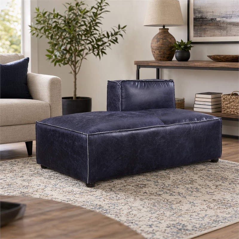 Bowery Hill Top Grain Leather Modular Chaise in Vintage Blue