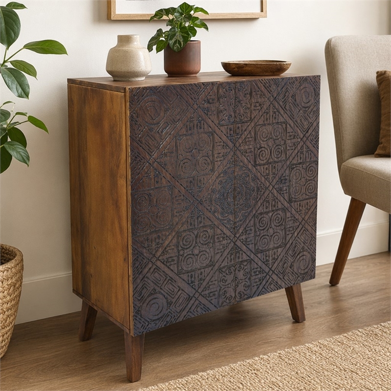 Bowery Hill Calvary Wooden Console Table with 2 Doors in Gray Stone