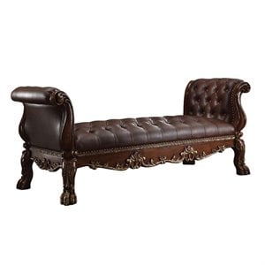 Bowery Hill Upholstered Bench in Faux Leather and Cherry Oak Finish