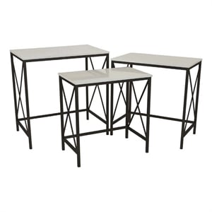 Bowery Hill Plant Stand Table Set of 3 with Marble Top in Black Metal