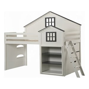 Bowery Hill Twin Loft Bed with House Built In Bookshelf in White and Gray