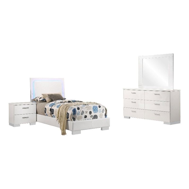 Bowery Hill 4 Pc Twin Bedroom Set White with LED Upholstered Headboard