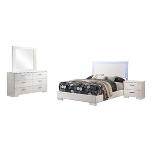 Bowery Hill 4 Pc Full Bedroom Set White with LED Upholstered Headboard