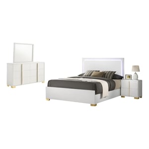 Bowery Hill 4 Pc Full Bedroom Set with White Gold Accents and LED Headboard