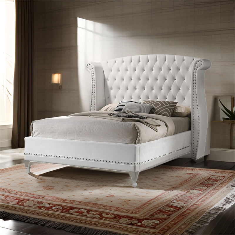 Bowery Hill Wingback Queen Bed Crystal Button Tufting in White Velvet