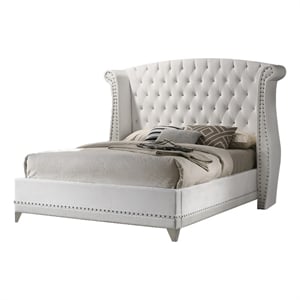 Bowery Hill Wingback Queen Bed Crystal Button Tufting in White Velvet