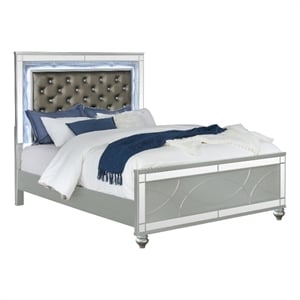 Bowery Hill Queen Panel Bed LED Headboard in Gray Faux Leather Silver