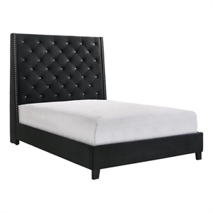 Bowery Hill Queen Bed Tall Wingback Headboard in Black Velvet Upholstery