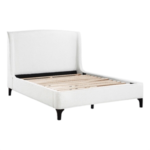 Bowery Hill King Bed Wingback Curved Headboard in White Fabric Upholstery