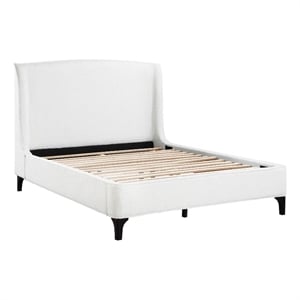 Bowery Hill Queen Bed Wingback Curved Headboard in White Fabric Upholstery