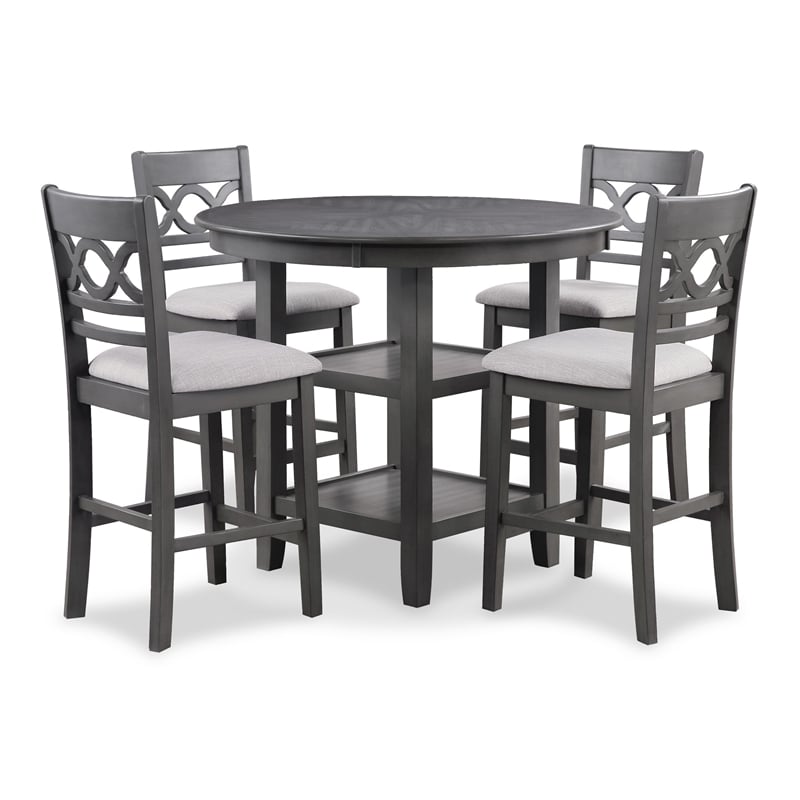 Bowery Hill 5 Pc Round Counter Table and Chair Set in Gray White Fabric