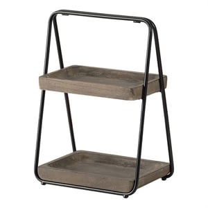 Bowery Hill 19&quot 2 Tier Decorative Tray Stand Black Iron Frame in Gray Wood