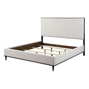 Bowery Hill Queen Bed in Light Gray Fabric Crisp White and Smooth Brown