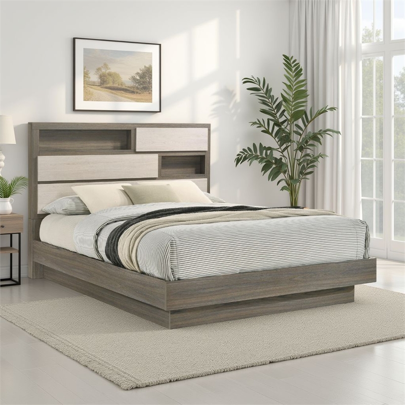 Bowery Hill California King Bed Bookcase Headboard in Gray Hidden Storage