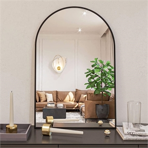 Bowery Hill 24&quot Arched Bathroom Wall Mirror Metal Wood Frame in Black