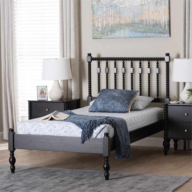 Bowery Hill Spindle Platform Bed Turned Bed Frame Twin in Black