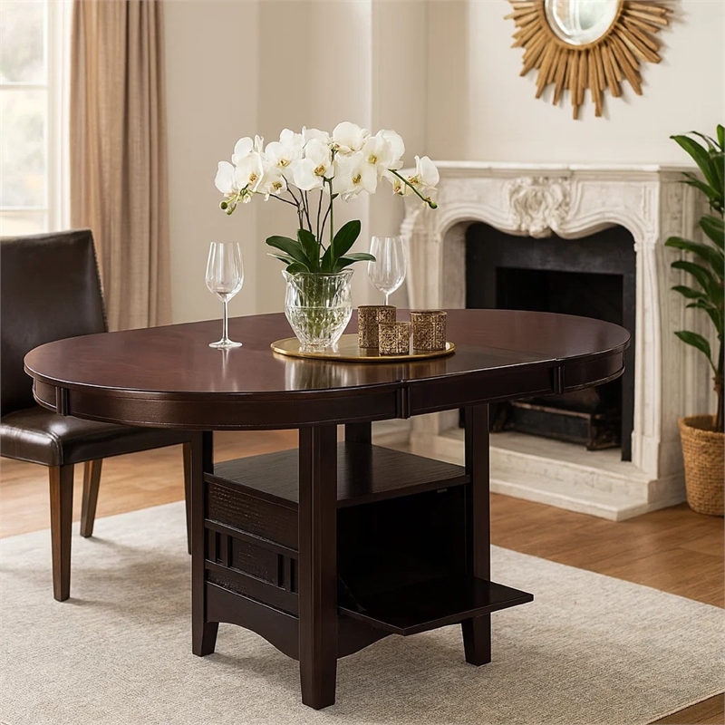 Bowery Hill Wooden Dining Table with Storage Compartment in Espresso Brown