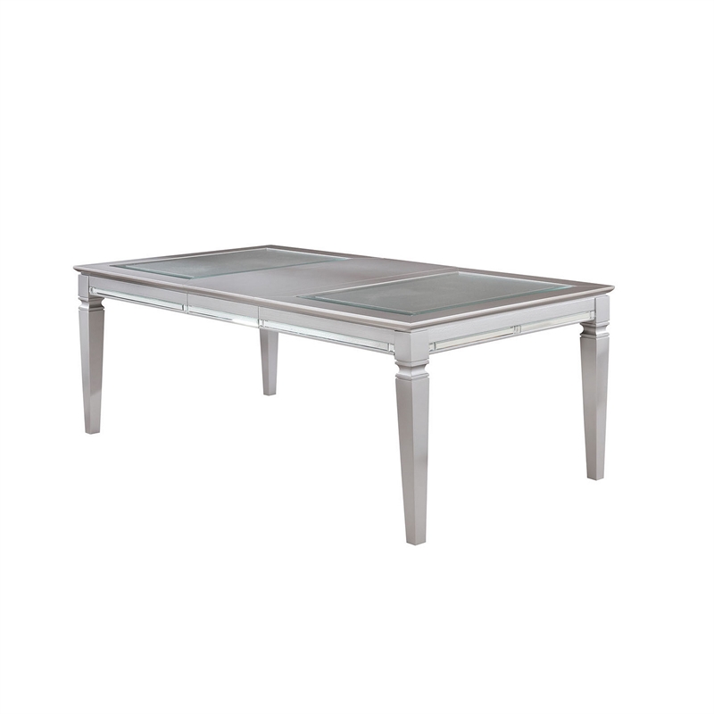 Bowery Hill Wooden Dining Table with Beveled Mirror Insert in Silver