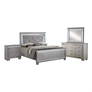 Bowery Hill 4 Piece California King Bedroom Set LED Mirror Trim in Silver