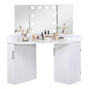 Bowery Hill Vanity Desk Set 3 Panel Mirror 10 Light Bulbs in White Wood