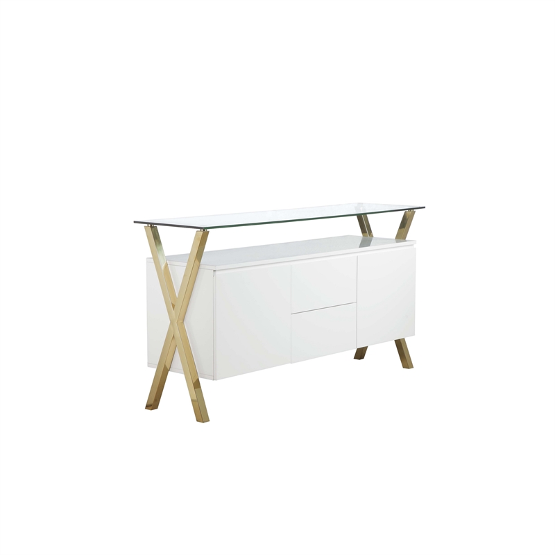 Bowery Hill 63 Inch Sideboard Buffet Glass Top in White Lacquer and Gold