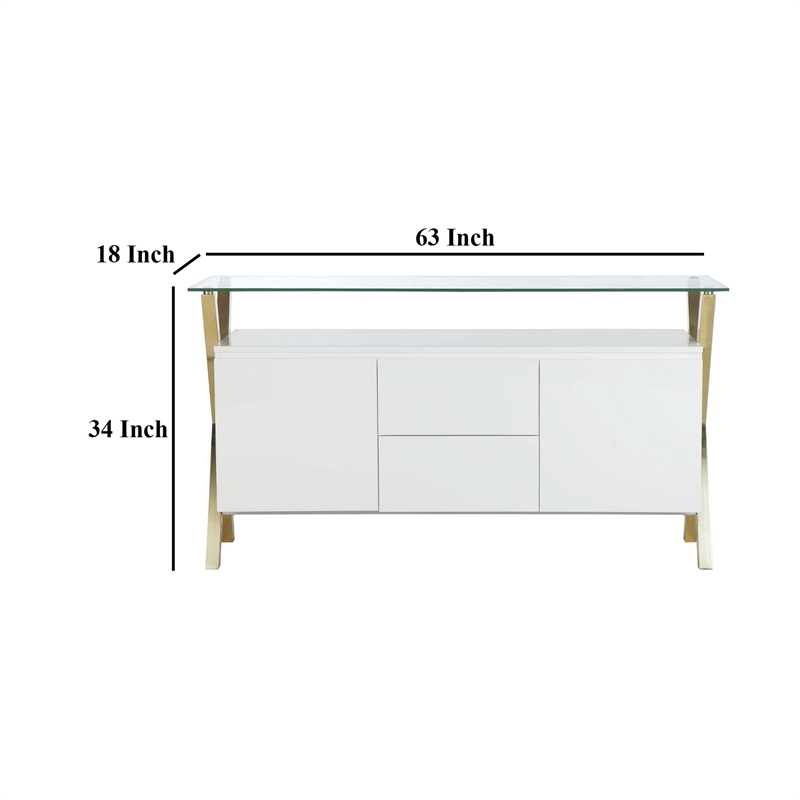 Bowery Hill 63 Inch Sideboard Buffet Glass Top in White Lacquer and Gold